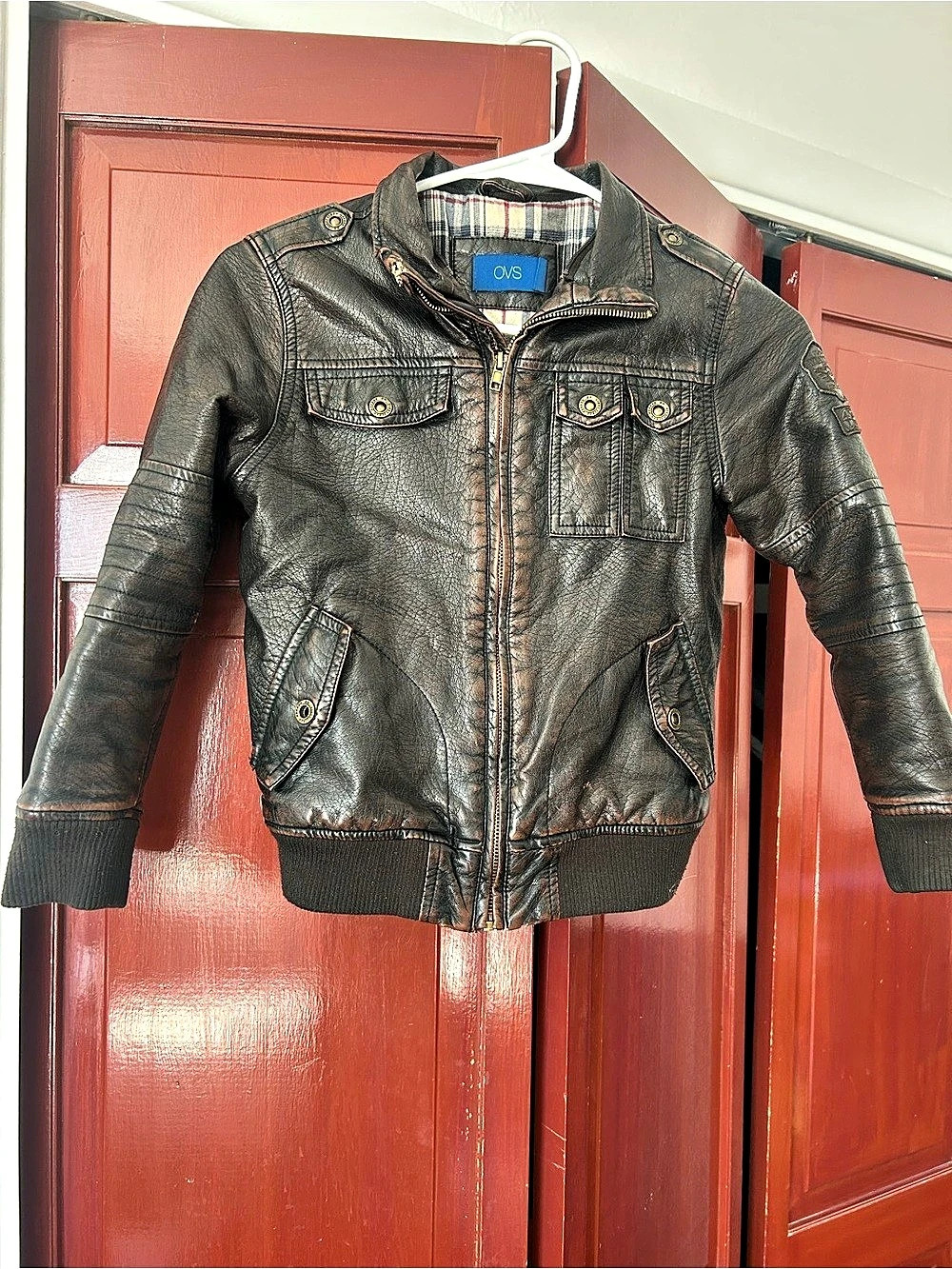 OVS Brown Leather-Style Aviator Jacket Size Children Medium